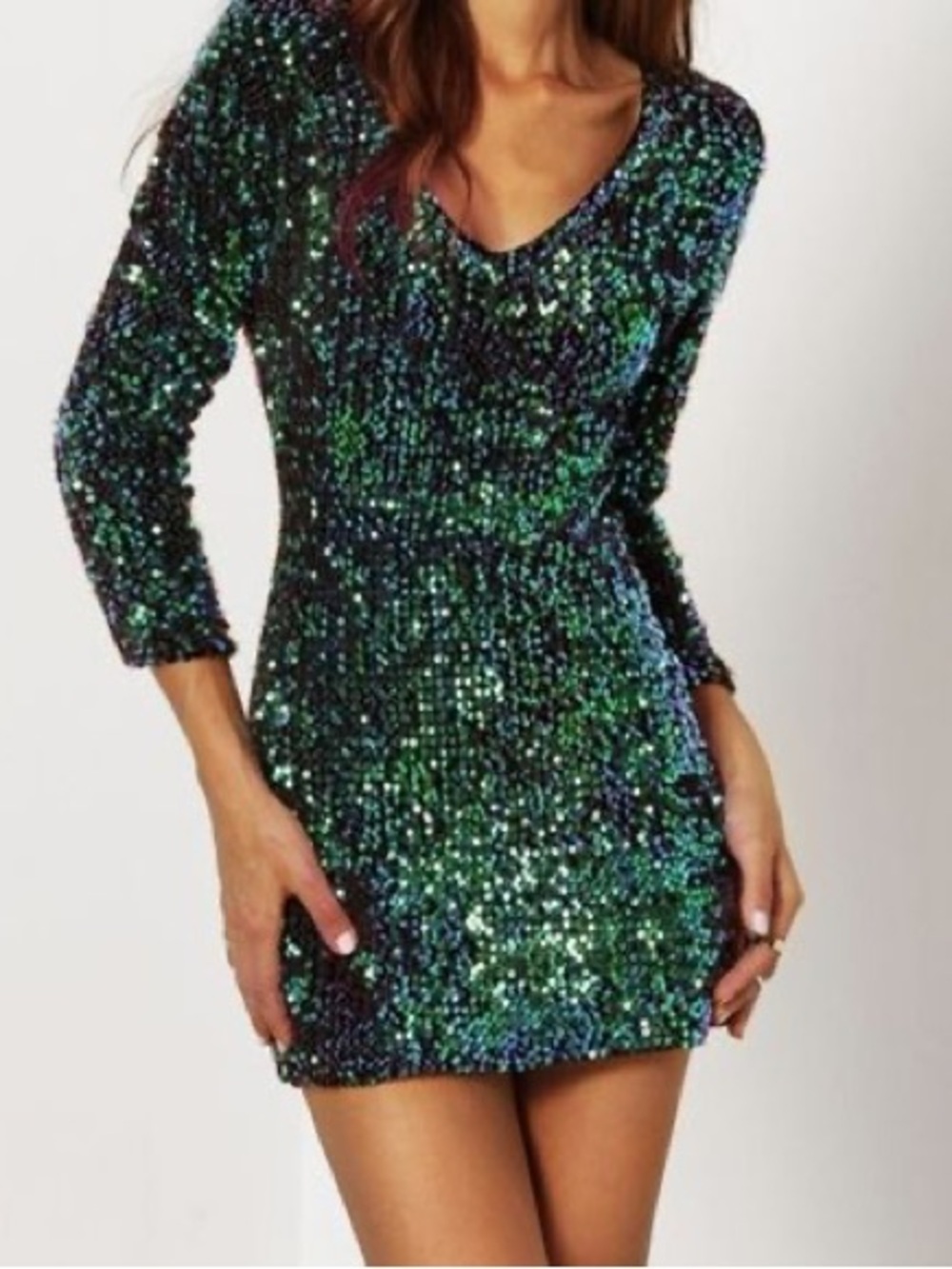 Sequin V-Neck Long Sleeve Mini Dress - Green/Blue